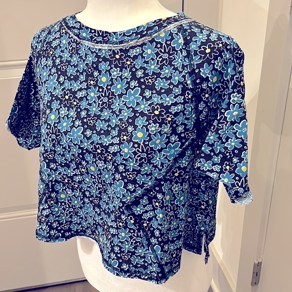 Free People “We The Free” Oversized Blue Flowered Cropped Top - Picture 8 of 14